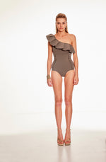 Maillot de bain 1 pièce asymétrique Orsay taupe à volants