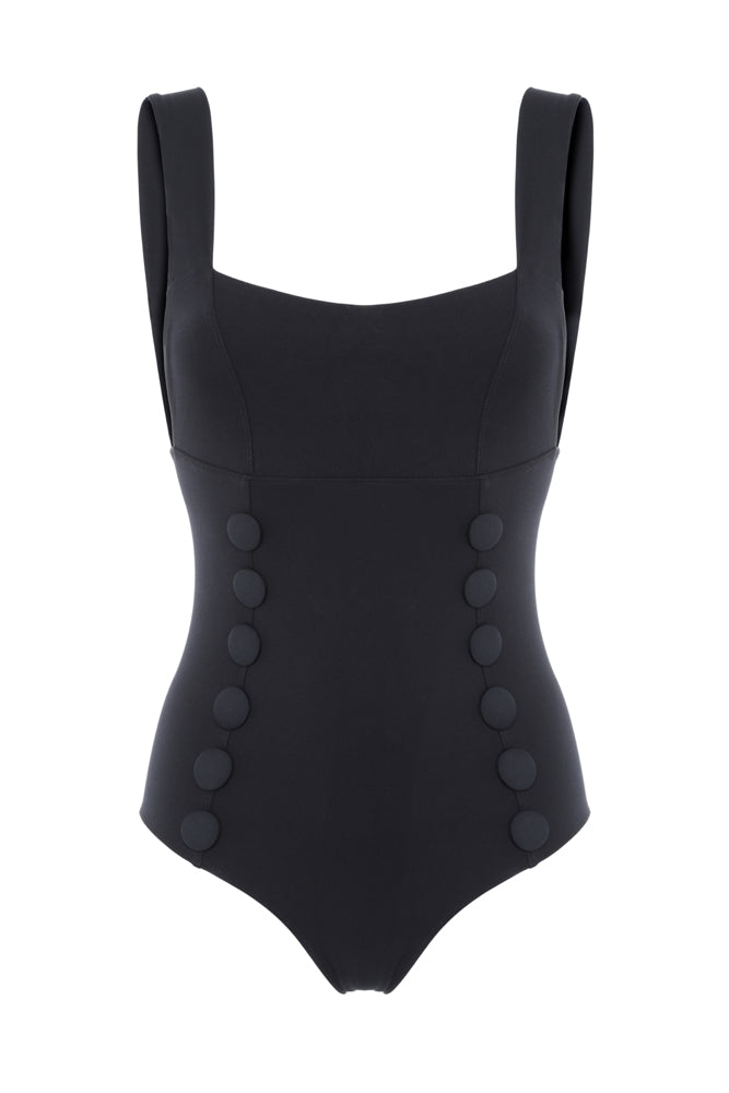 Alma black swimsuit with retro buttons.