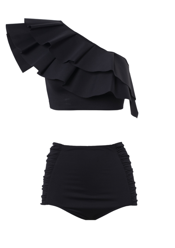 Maillot de bain deux pièces à volants noir, élégant