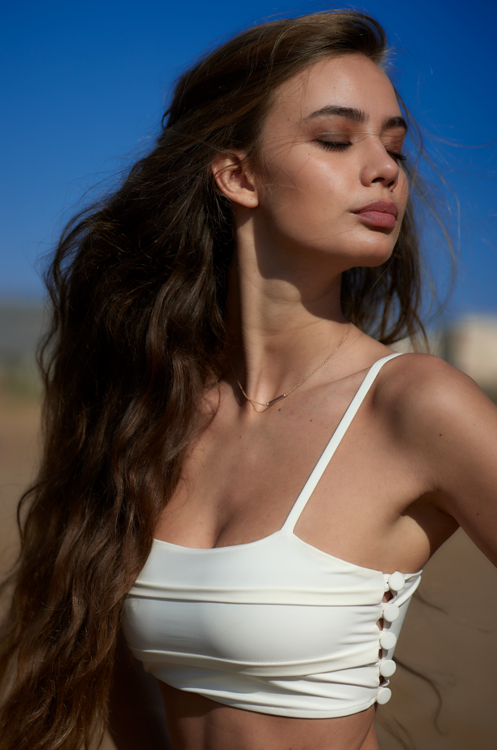 Maillot de bain deux pièces à boutons rétro couleur Blanc Crème