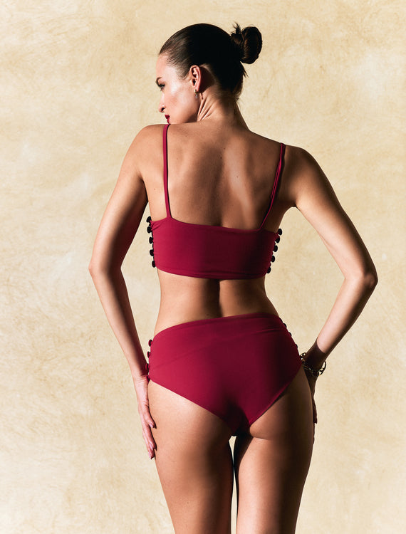 Cherry red two-piece swimsuit with buttons