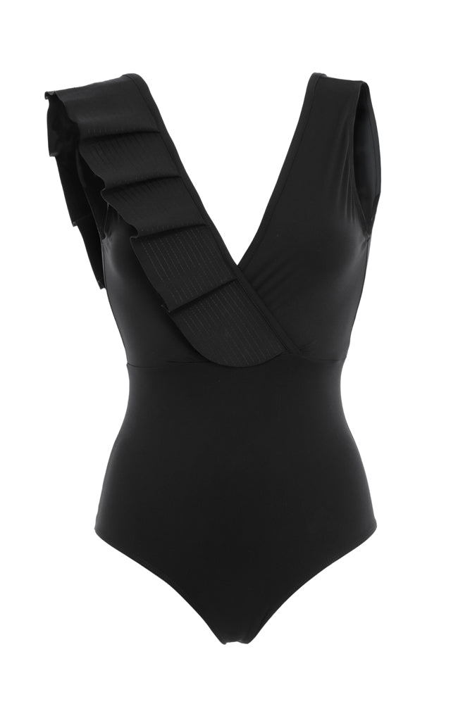 Maillot de bain une pièce noir Matignon, col V, avec volants sur un coté.
