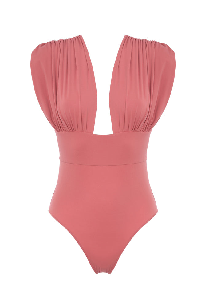 Maillot de bain 1 pièce drapé couleur rose pêche