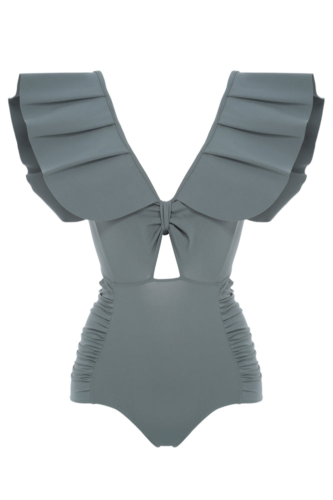 Maillot de bain une pièce Montaigne bleu gris, col V avec volants sur le décolleté et les épaules