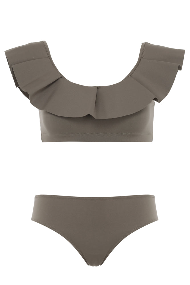 Maillot de bain deux pièces à volants taupe