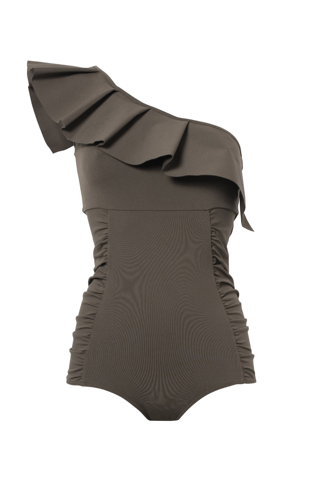 Maillot de bain 1 pièce asymétrique Orsay taupe à volants