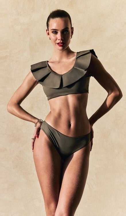 Maillot de bain deux pièces à volants taupe