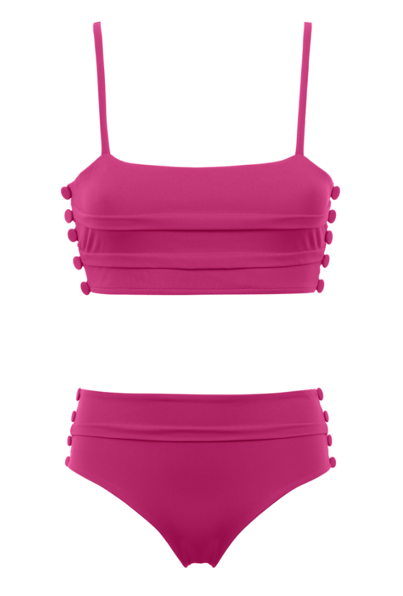 Cherry red two-piece swimsuit with buttons