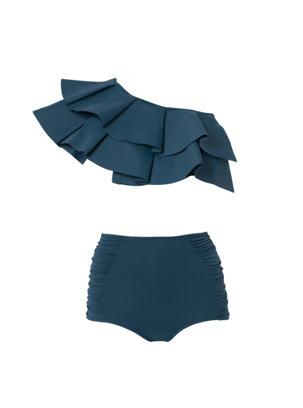 Two-piece swimsuit with duck blue ruffles