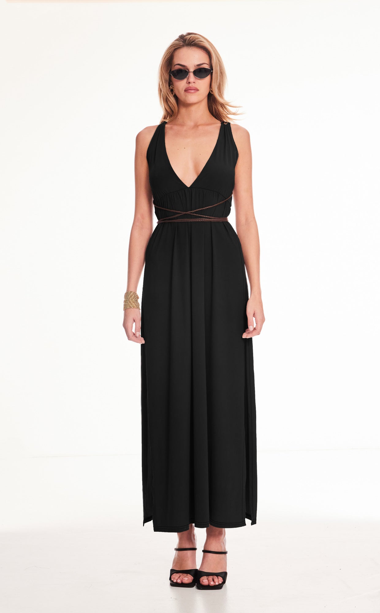 Georgia long black V-neck beach dress with drawstring 