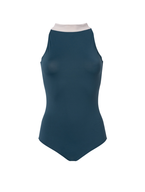 maillot de bain une pièce pourvu d’un col Nude contraste sur le Bleu Canard du maillot.